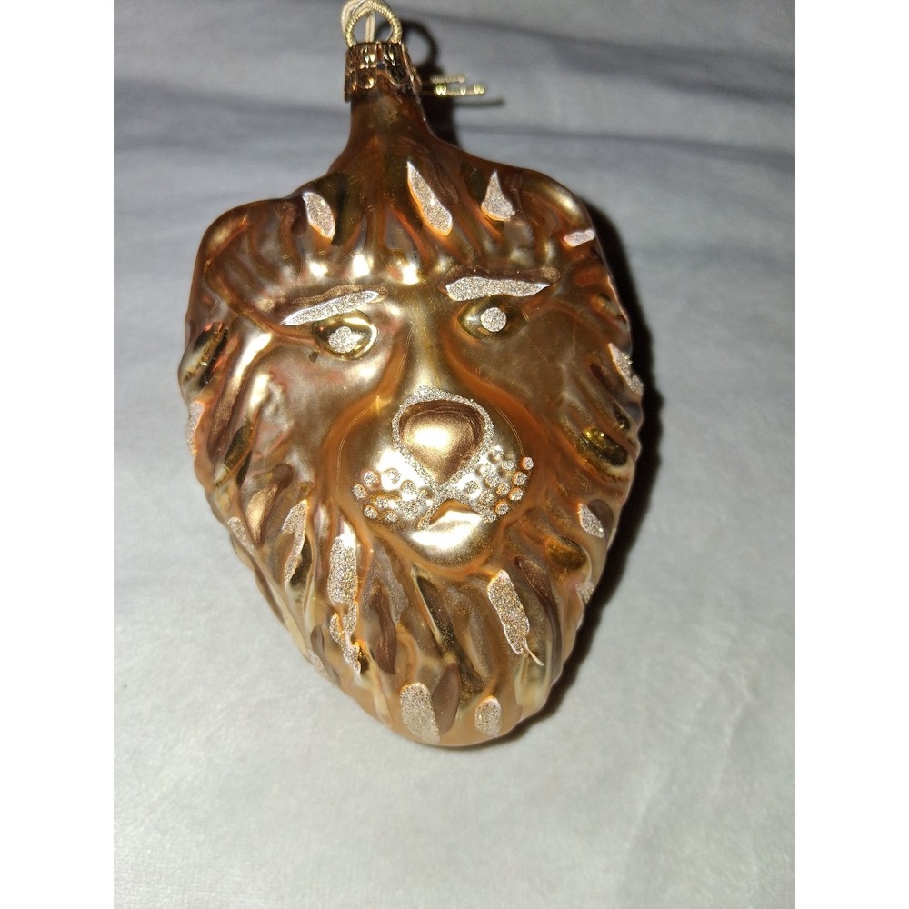 Gold Glass Lion Head Christmas Ornament Czech‎ Republic 5 Inch Figural